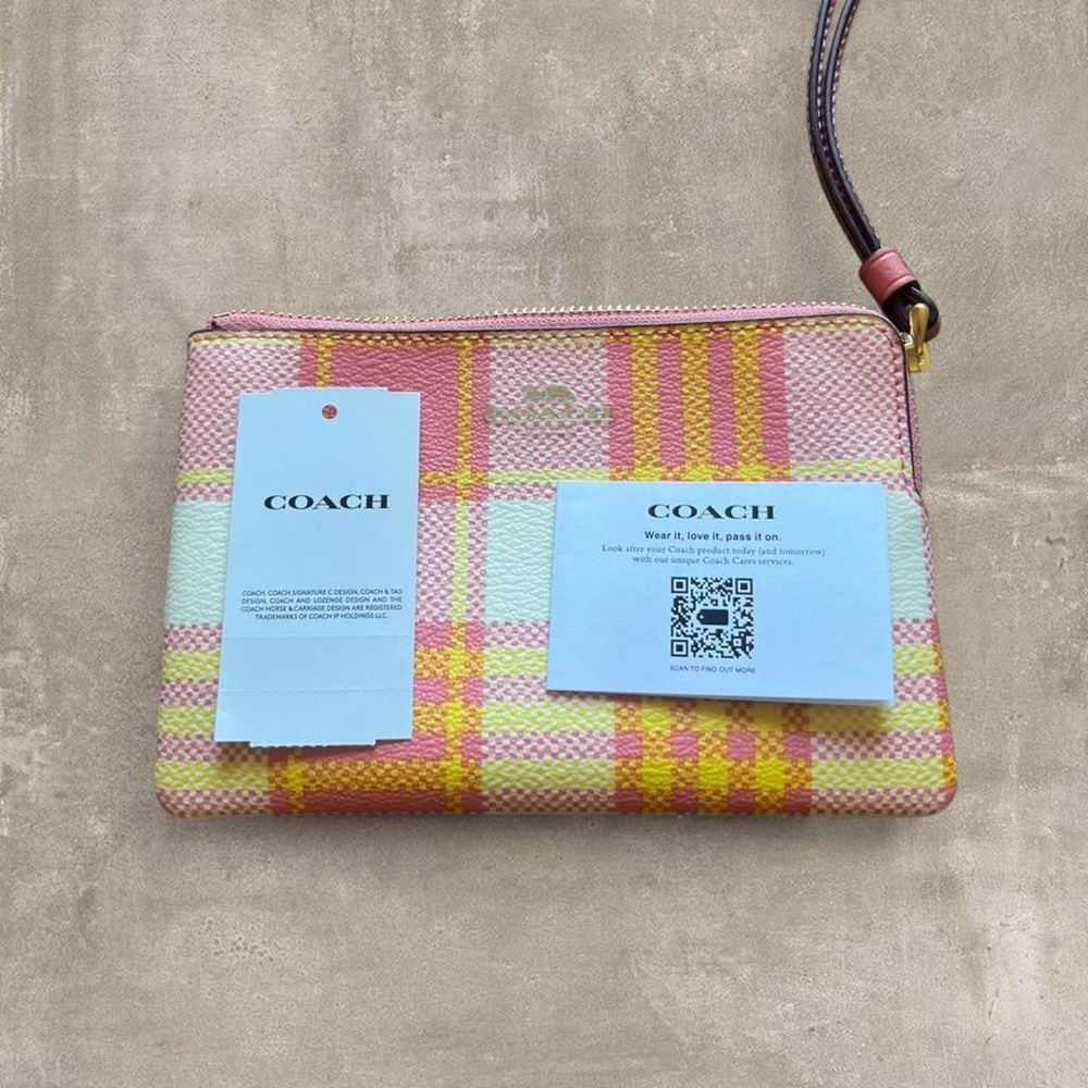 Coach Plaid Wristlet Pink Yellow Zip Pouch NWT - Picture 4 of 4
